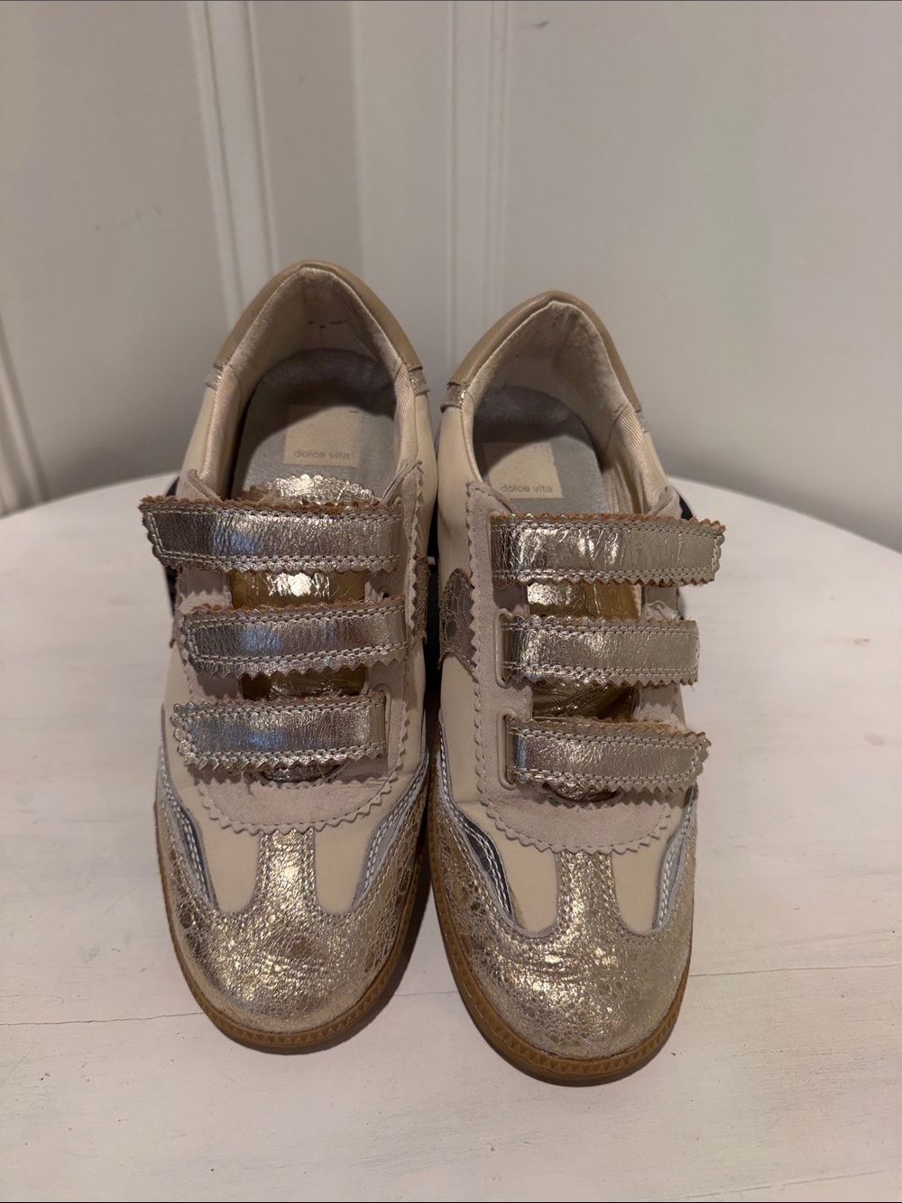 Dolce Vita Cream & Metallic Gold Velcro Sneakers